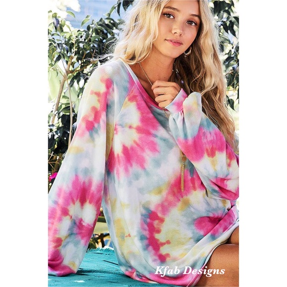 💖LAST 1 Pink French Terry Tie Dye Puff Sleeve Top - Picture 9 of 9